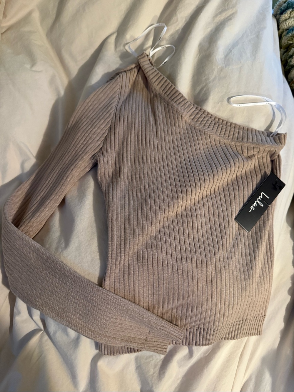 Lulu's Taupe Ribbed One-Shoulder Sweater - Picture 2 of 3
